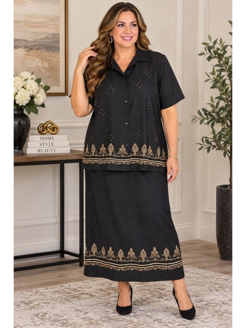 Vintage Alfred Dunner Womens 18W Piece Skirt Set Black Gold Embroidery Wood Bead